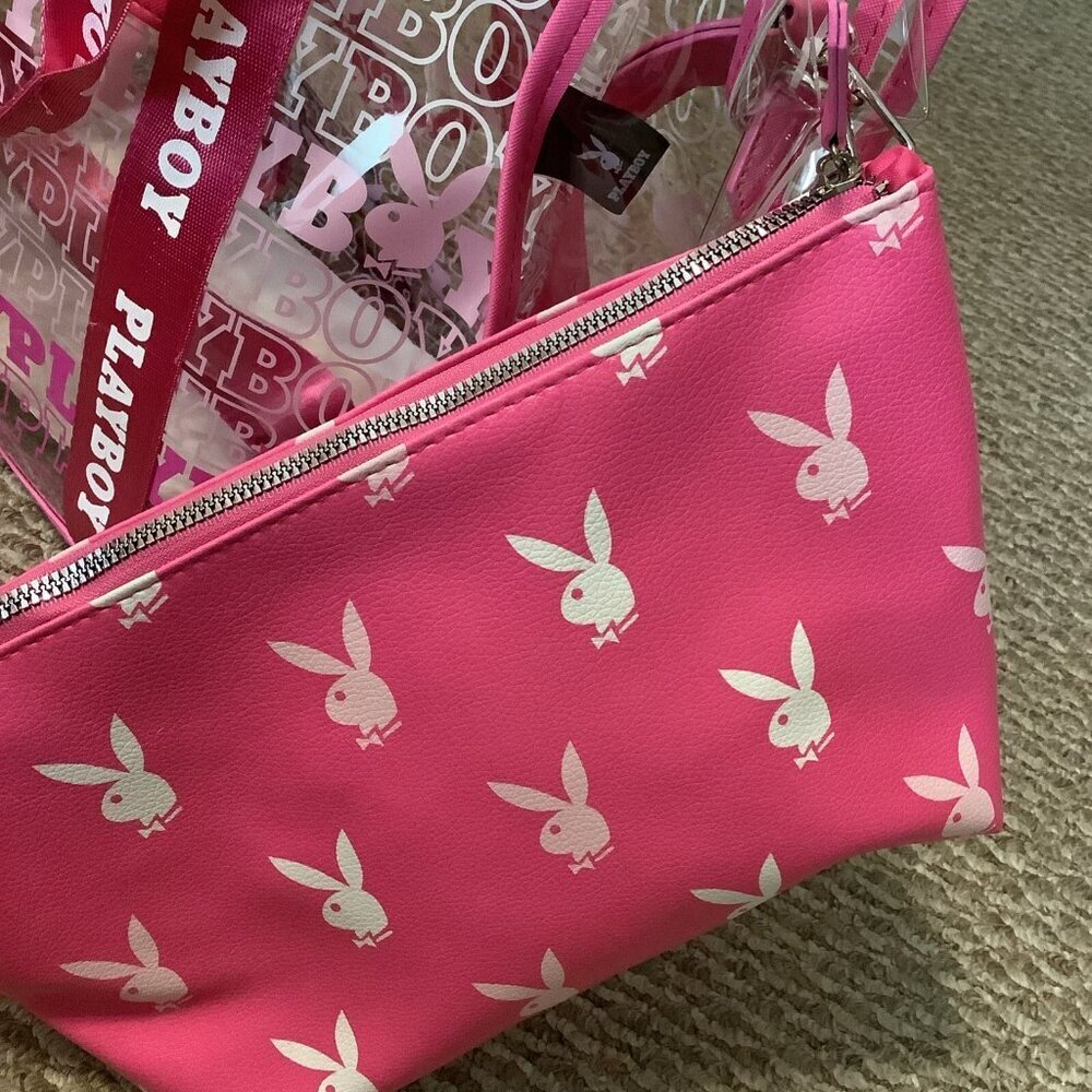 Playboy Viral Signature Logo Hot Pink 3Pc Piece Transparent Travel Tote Set New - Picture 3 of 7